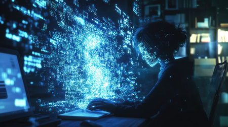 A dynamic visual of a programmer coding while a 3D AI hologram of code elements pops out of the screen, glowing in blue.の素材