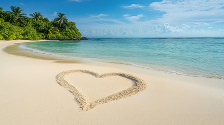 Ocean waves retreating, leaving a heart-shaped impression on a tranquil tropical beach, with smooth sand and clear skies. No people.の素材
