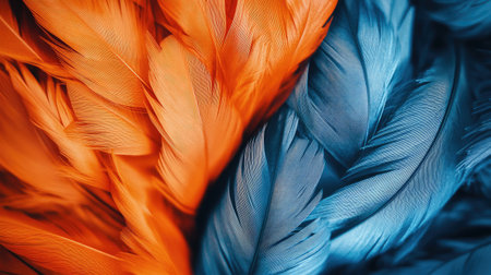 Artistic macro view of orange and blue feathers side by side, highlighting their bold colors and delicate textures.の素材