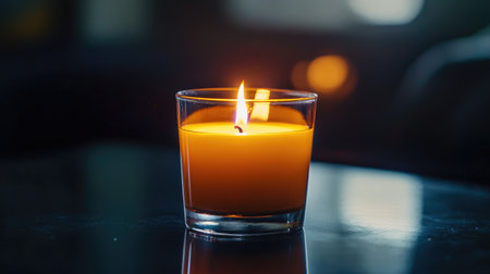Macro view of an orange candles flame, the glow reflected in its glass holder, set against a dramatic dark background.の素材