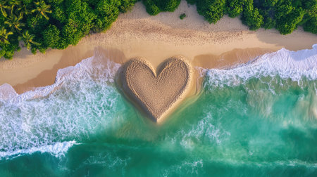 A heart in the sand, shaped by the ebb and flow of ocean waves on a peaceful tropical beach, surrounded by natural beauty. No people.の素材