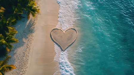 A heart in the sand, shaped by the ebb and flow of ocean waves on a peaceful tropical beach, surrounded by natural beauty. No people.の素材