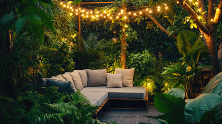 A magical outdoor corner with fairy lights strung above a cushion sofa, nestled in a lush garden with vibrant foliage. No people.の素材