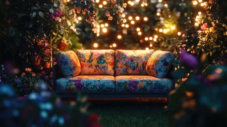A comfortable outdoor sofa surrounded by soft fairy lights in a vibrant garden setting, perfect for relaxing evenings. No people.の素材