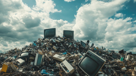 A large e-waste pile dominating an open space, with tangled wires and broken screens under a dramatic cloudy sky. No people.の素材
