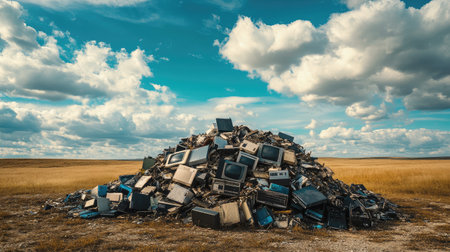 A mountain of e-waste, including old computers and electronics, in a barren field with dramatic clouds overhead. No people.の素材