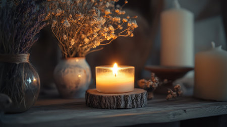 A glowing candle in a rustic holder surrounded by wooden decor and dried flowers, creating a serene and tranquil atmosphere. No people.の素材
