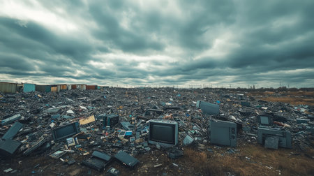 A sprawling electronic waste dump in an open area, filled with broken gadgets and appliances under a gloomy cloudy sky. No people.の素材