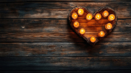 A heart made of glowing candles illuminating a rustic wooden surface, perfect for romantic themes or special occasions. No people.の素材