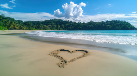 A heart in the sand, shaped by the ebb and flow of ocean waves on a peaceful tropical beach, surrounded by natural beauty. No people.の素材