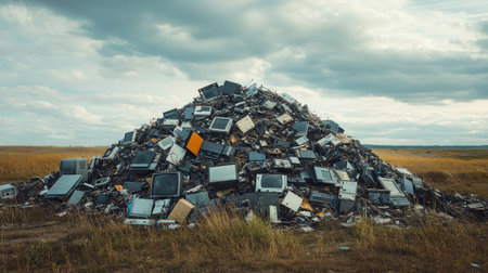 A massive pile of electronic waste in an open field under a cloudy sky, showcasing discarded devices and environmental impact. No people.の素材