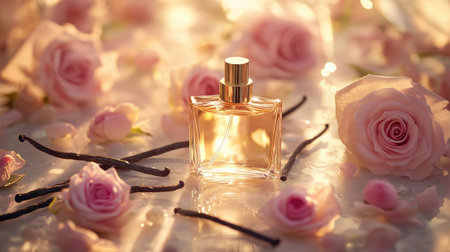 A luxury perfume bottle resting amidst pink roses and vanilla beans on a textured surface, illuminated by soft, natural light. No people.の素材