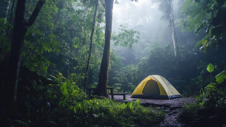 A camping tent at a rainforest campsite, surrounded by dense greenery and misty air.の素材