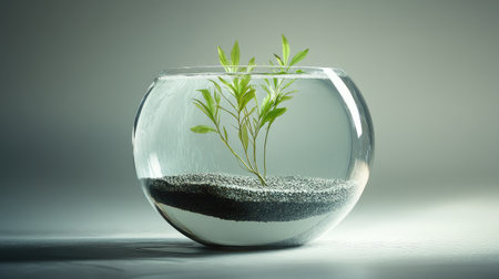 A glass bowl aquarium featuring clear water, a single floating aquatic plant, and no substrate.の素材
