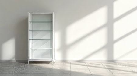 A minimalist empty glass cabinet with a white metal frame, standing on a tiled floor in a bright space.の素材