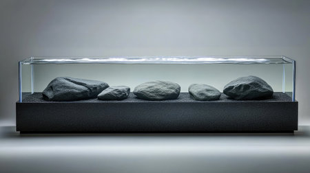 A rectangular aquarium showcasing an uncluttered design with smooth black stones and subtle lighting.の素材