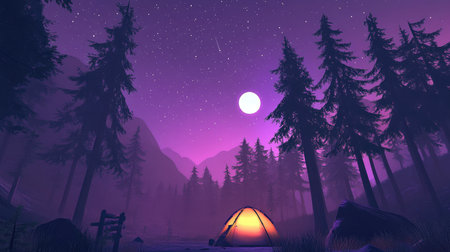 A vibrant camping tent glowing at night under a starry sky, surrounded by tall pine trees.の素材