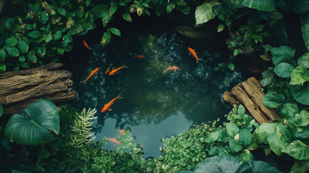 Top view of a planted aquarium with dense green foliage, colorful fish, and natural driftwood formations.の素材