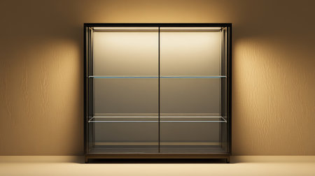 A stylish empty glass cabinet with four clear shelves, perfect for displaying collectibles or decor.の素材