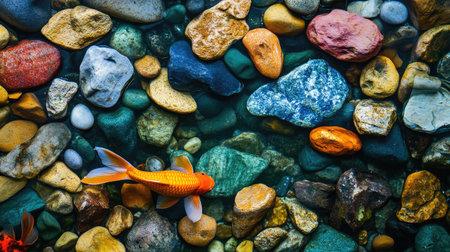 Top view of an aquarium showcasing vibrant fish swimming among colorful pebbles and lush aquatic plants.の素材