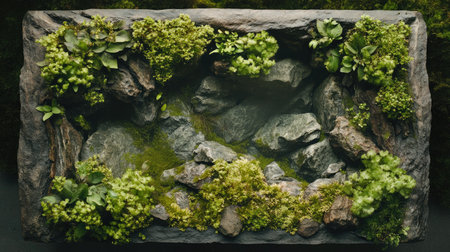 Top view of a freshwater aquarium featuring a natural design with moss-covered rocks and green plants.の素材