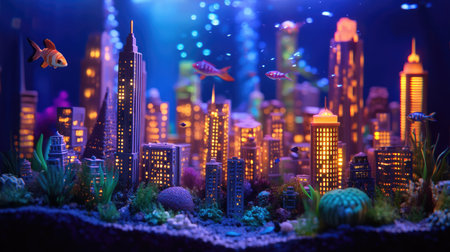 A themed aquarium featuring an underwater cityscape with miniature skyscrapers and glowing effects.の素材