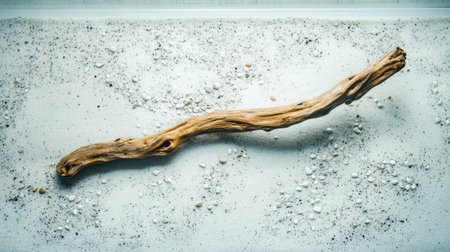 Top view of a minimalist aquarium with clear water, a single driftwood piece, and scattered white sand.の素材