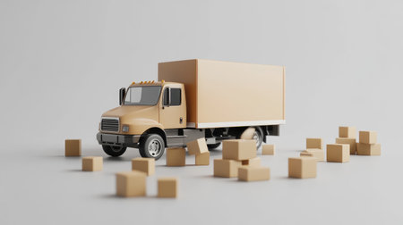 A 3D brown delivery truck with boxes scattered around, placed on a light gray background for a shipping concept.の素材