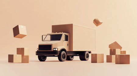 A 3D brown delivery truck with shipping boxes scattered around, symbolizing a communication network, on a light pastel background.の素材