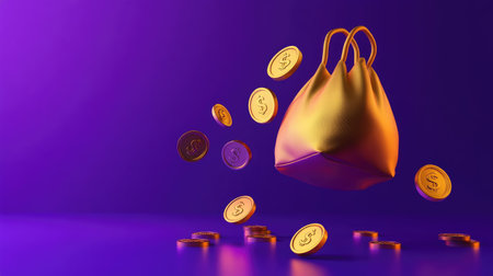 A golden money bag icon paired with floating 3D gold coins on a dynamic purple background, representing wealth and investment.の素材