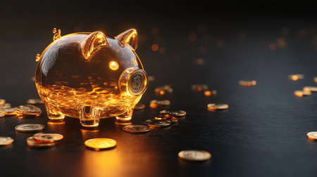 A glowing transparent piggy bank surrounded by scattered 3D gold coins on a smooth black surface, representing financial security.の素材
