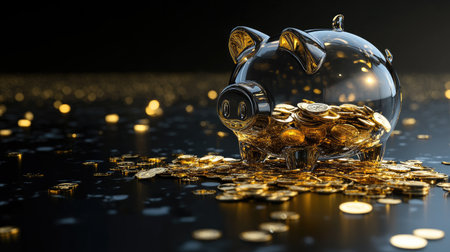 A tipped-over transparent piggy bank, with 3D gold coins spilling out onto a shiny black background, symbolizing investment loss.の素材
