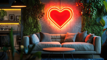 A cozy contemporary space with a vibrant heart-shaped neon light, adding charm alongside tasteful greenery and decorの素材