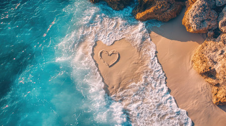 A heart shape etched in the sand by waves on a tropical beach, with sparkling turquoise water in the foregroundの素材