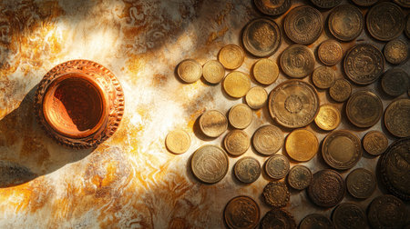 A collection of antique Indian coins arranged in a sunlit setting.の素材