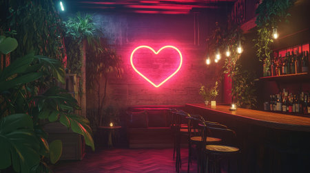 A cozy contemporary space with a vibrant heart-shaped neon light, adding charm alongside tasteful greenery and decorの素材