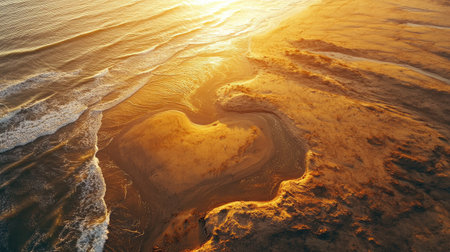 A heart-shaped pattern formed naturally in the sand by ocean waves on a tropical beach, under golden sunlightの素材
