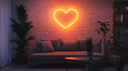 A modern living room with a glowing heart-shaped neon light on the wall, accompanied by lush potted plants and minimalist decorの素材