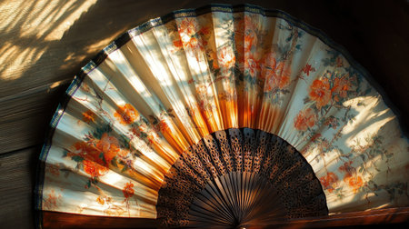 A hand-painted Indian fan displayed under warm natural light.の素材