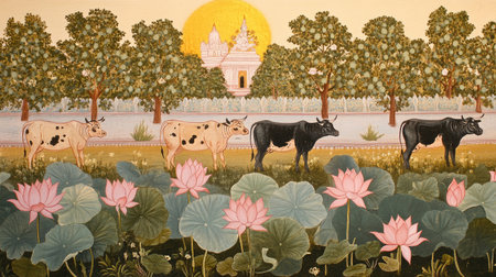 A Pichwai painting featuring cows and lotuses under a sunny backdrop.の素材