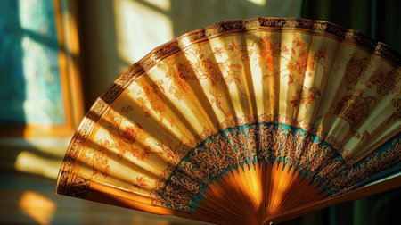 A hand-painted Indian fan displayed under warm natural light.の素材