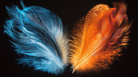 A stunning macro view of dual feathers, one orange and one blue, with intricate details glowing under soft lightの素材