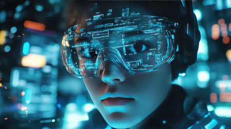 A person wearing a futuristic VR headset, surrounded by glowing virtual interfaces and high-tech holographic displaysの素材