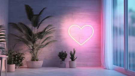 A minimalist room featuring a pink heart neon light on the wall, complemented by potted plants and subtle lightingの素材
