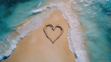 A natural heart design in the sand on a tropical beach, framed by gentle waves and a crystal-clear oceanの素材