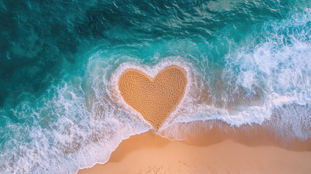 A natural heart design in the sand on a tropical beach, framed by gentle waves and a crystal-clear oceanの素材