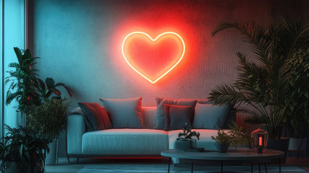 A modern living room with a glowing heart-shaped neon light on the wall, accompanied by lush potted plants and minimalist decorの素材