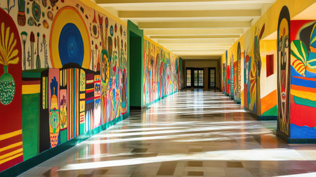 A sunlit corridor showcasing murals of Indian folk art.の素材