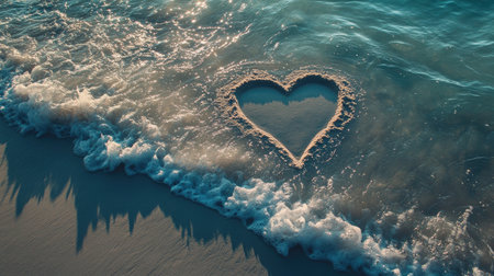 A heart shape etched in the sand by waves on a tropical beach, with sparkling turquoise water in the foregroundの素材