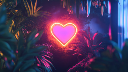 Chic interior with a vibrant heart neon light glowing softly, framed by stylish decor and lush green plantsの素材